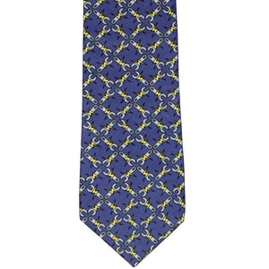 Blue necktie, front view, with a wrench and electricity bolt design