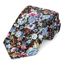 Load image into Gallery viewer, Dusty blue and black rolled floral pattern narrow tie