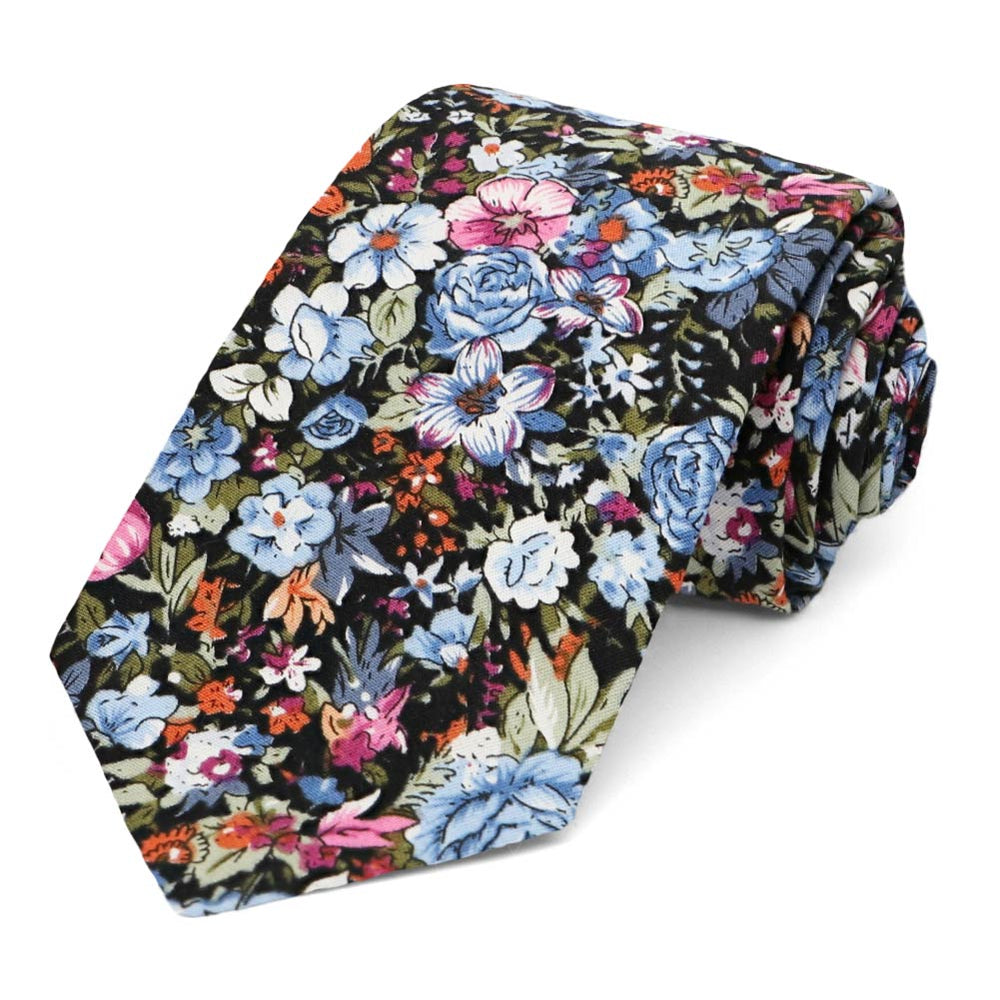 Dusty blue and black rolled floral pattern narrow tie