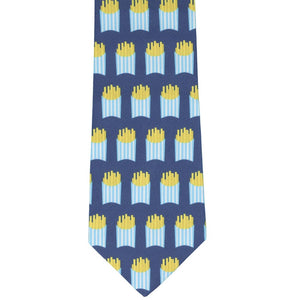 The front of a blue tie with a pattern of french fries in their container