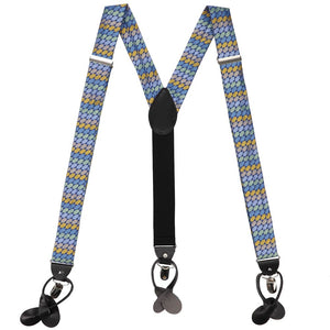A pair of y-back suspenders in blue and other shades
