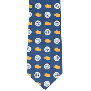 Blue mechanic novelty tie with engines and wheels