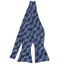 Load image into Gallery viewer, A blue paisley bow tie in a self-tie style