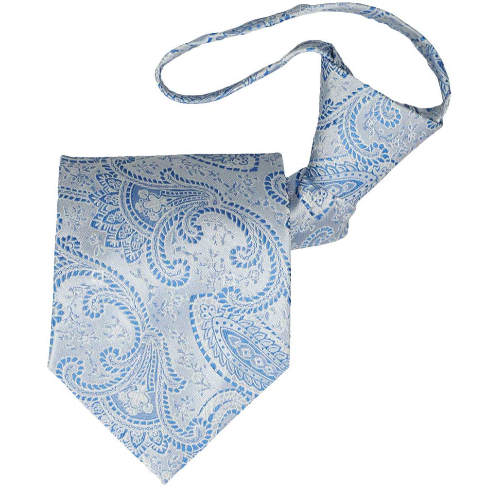 Light blue paisley zipper tie, folded front view to show pattern and knot