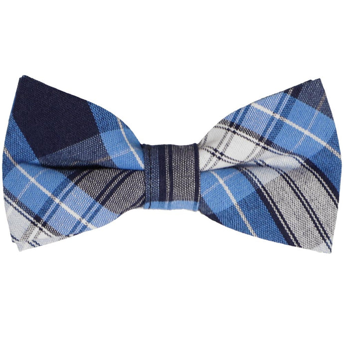 Blue, navy and white plaid bow tie
