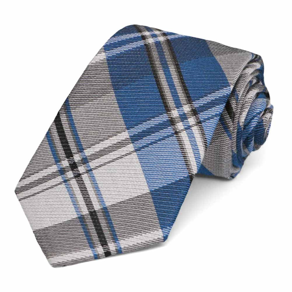 Rolled view of a blue and gray plaid woven necktie