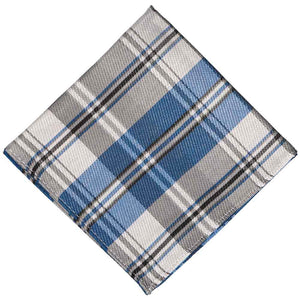 A folded white blue and gray plaid pocket square