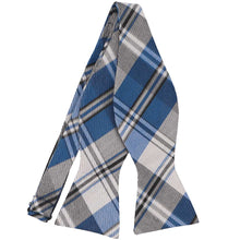 Load image into Gallery viewer, An untied blue and gray plaid self-tie bow tie