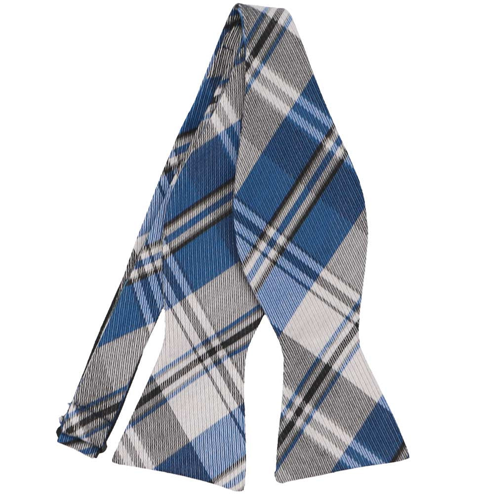 An untied blue and gray plaid self-tie bow tie