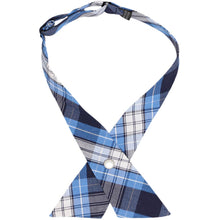 Load image into Gallery viewer, Blue, navy and white plaid crossover tie