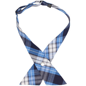 Blue, navy and white plaid crossover tie