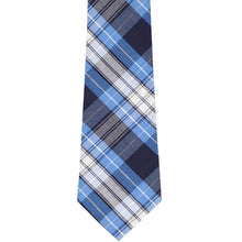 Load image into Gallery viewer, The front of a blue, navy and white plaid necktie