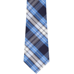The front of a blue, navy and white plaid necktie