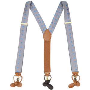 A pair of houndstooth suspenders with blue polka dots
