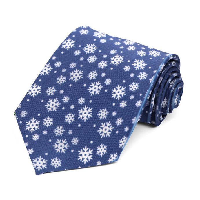 Falling snowflakes on a men's blue extra long novelty tie