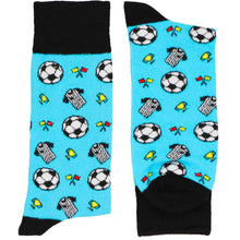 Load image into Gallery viewer, A pair of turquoise soccer novelty socks with ref shirts and flags