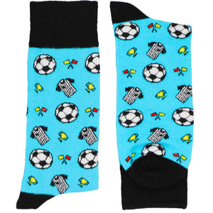 A pair of turquoise soccer novelty socks with ref shirts and flags