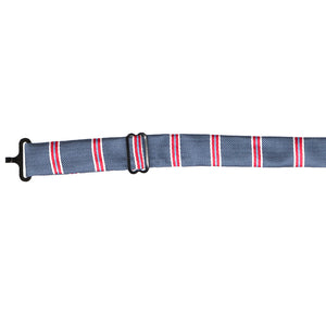 The band collar on a blue striped floppy bow tie