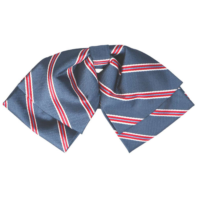 Denim blue, red and white striped floppy bow tie, front view