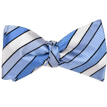 Load image into Gallery viewer, A tied self-tie bow tie in a blue and white striped pattern