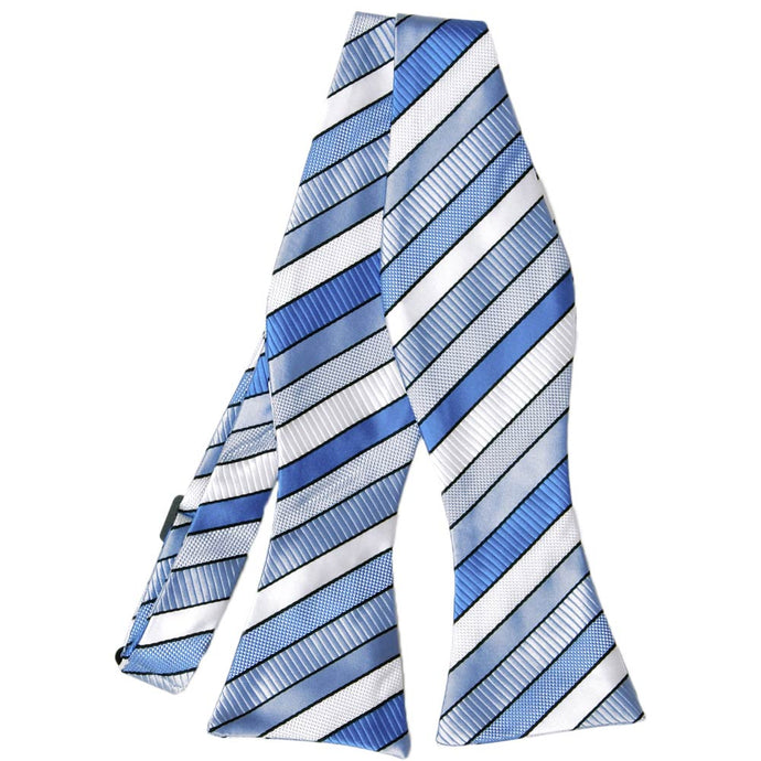 Blue and white striped self-tie bow tie, untied flat front view