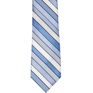 Front view of a blue striped slim tie