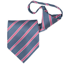 Load image into Gallery viewer, Denim blue, red and white pencil striped zipper tie, folded front view