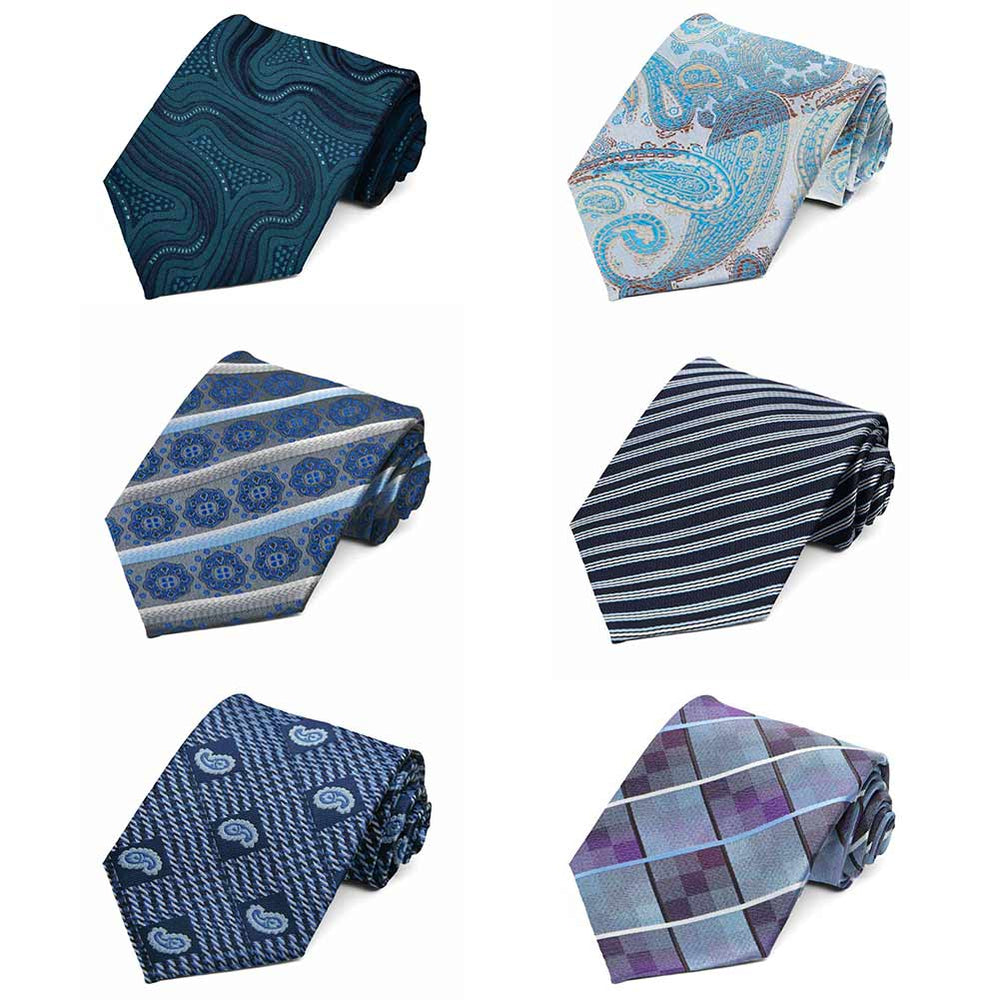 6 assorted pattern ties in shades of blue