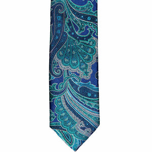 The front view of a blue jewel-tone narrow tie in a detailed paisley pattern
