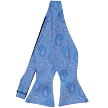 Load image into Gallery viewer, A blue tone-on-tone self tie bow tie, untied, with a paisley pattern