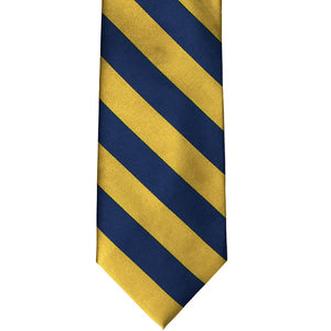 Front view blue velvet and gold striped tie