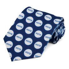 Load image into Gallery viewer, White and blue vote sticker necktie on a blue background.