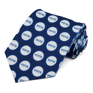 White and blue vote sticker necktie on a blue background.
