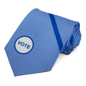 Vote sticker striped necktie on a blue backgorund.