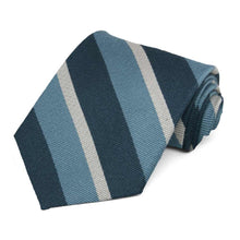 Load image into Gallery viewer, Blue and off-white striped necktie, rolled to show the woven texture