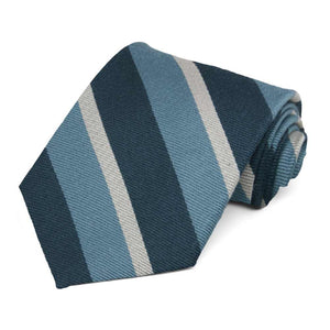Blue and off-white striped necktie, rolled to show the woven texture