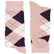 Load image into Gallery viewer, Pair of blush pink and eggplant purple argyle dress socks for men