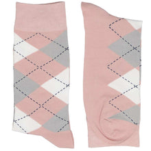 Load image into Gallery viewer, Pair of blush pink and gray argyle dress socks for men