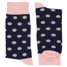 Load image into Gallery viewer, Pair of blush pink and navy blue polka dot socks
