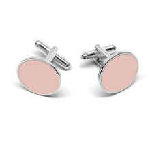 Load image into Gallery viewer, Silver background cufflinks with a round blush pink face.
