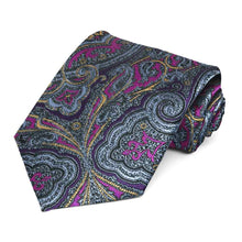 Load image into Gallery viewer, Paisley silk tie with a detailed purple, violet, light orange and blue/gray paisley design
