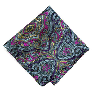 Detailed paisley pocket square in shades of purple, violet, yellow and gray