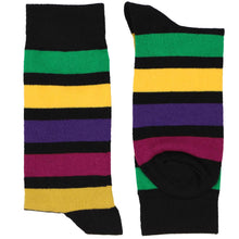 Load image into Gallery viewer, Pair of men&#39;s striped dress socks in black and bold dark colors