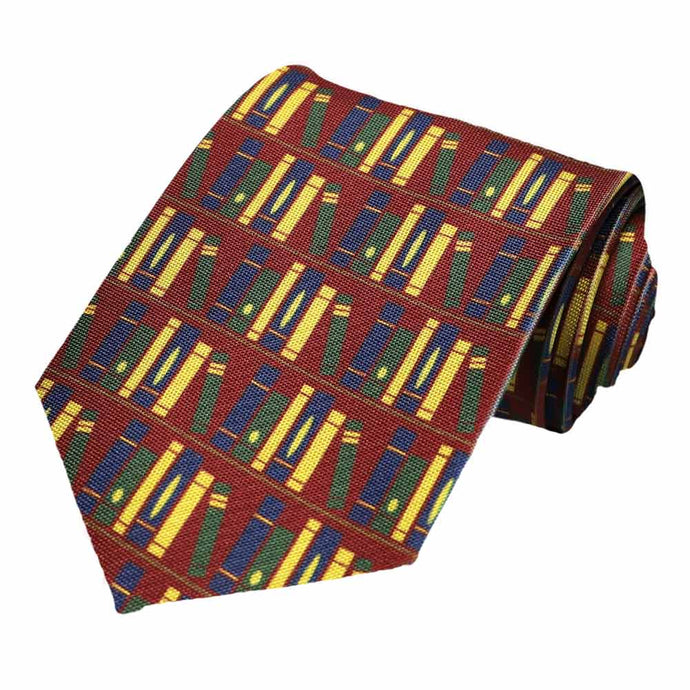 A bookshelf pattern on a maroon tie.