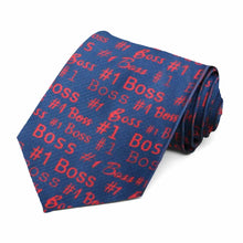 Load image into Gallery viewer, Repeating #1 boss red text on a dark blue novelty tie
