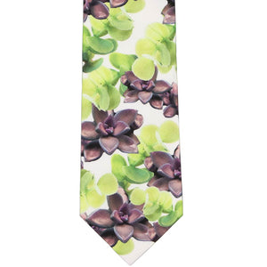 Flat view of a botanical themed necktie