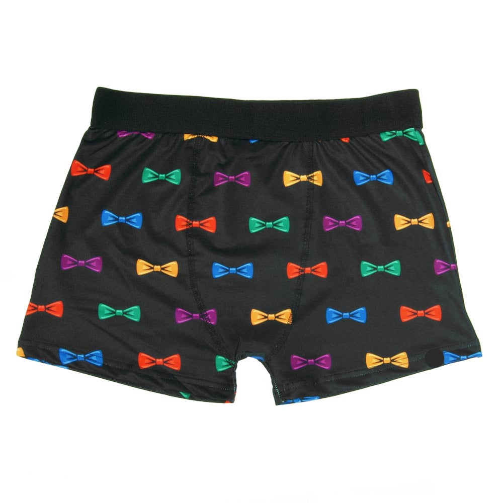 Black boxer briefs with a colorful repeated bow tie pattern