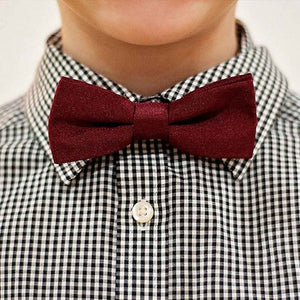 A boy wearing a dark burgundy bow tie with a black and white gingham dress shirt