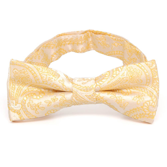 Boys' light yellow paisley bow tie, close up front view