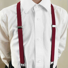 Load image into Gallery viewer, A boy wearing a pair of burgundy suspenders